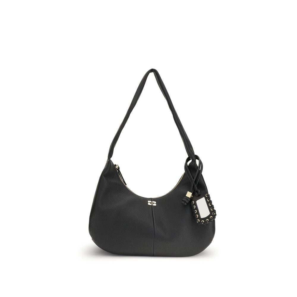 Ganni Black Recycled Polyester Shoulder Bag with gold-tone butterfly logo and zipper closure on white background.