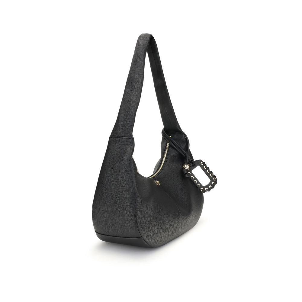 Ganni Black Recycled Polyester Shoulder Bag with gold-tone details and practical shoulder strap, showcasing a stylish and functional design.