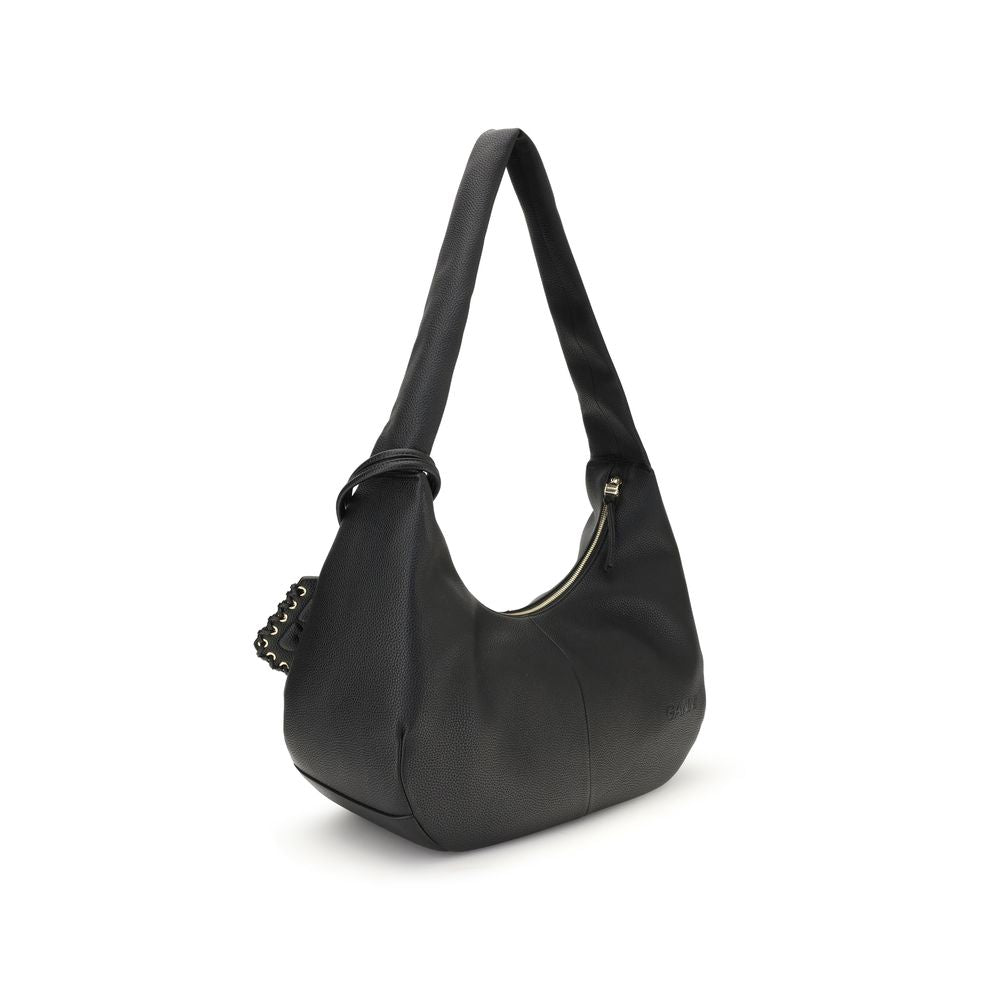 Ganni Black Recycled Polyester Shoulder Bag, grainy textured leather hobo with gold-tone details, practical shoulder strap, zipper closure.