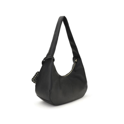Ganni Black Recycled Polyester Shoulder Bag, grainy textured leather hobo with gold-tone details, practical shoulder strap, zipper closure.