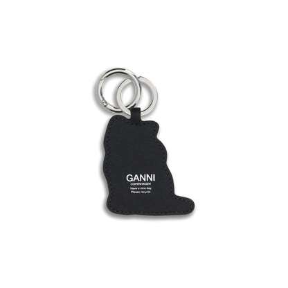Ganni Blue Recycled Leather Keychain in cat shape with silver ring and clasp, featuring the GANNI logo.