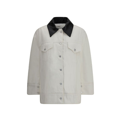 Givenchy White Cotton Denim Jacket with leather collar and logo back detail, oversized fit, front button closure, chest pockets.