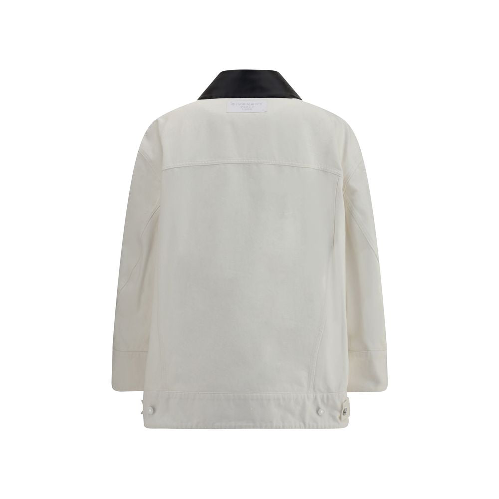 Back view of Givenchy White Cotton Denim Jacket with leather collar and logo appliqué, showcasing an oversized silhouette.