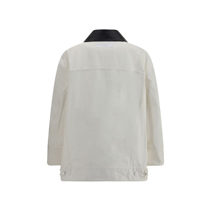 Back view of Givenchy White Cotton Denim Jacket with leather collar and logo appliqué, showcasing an oversized silhouette.