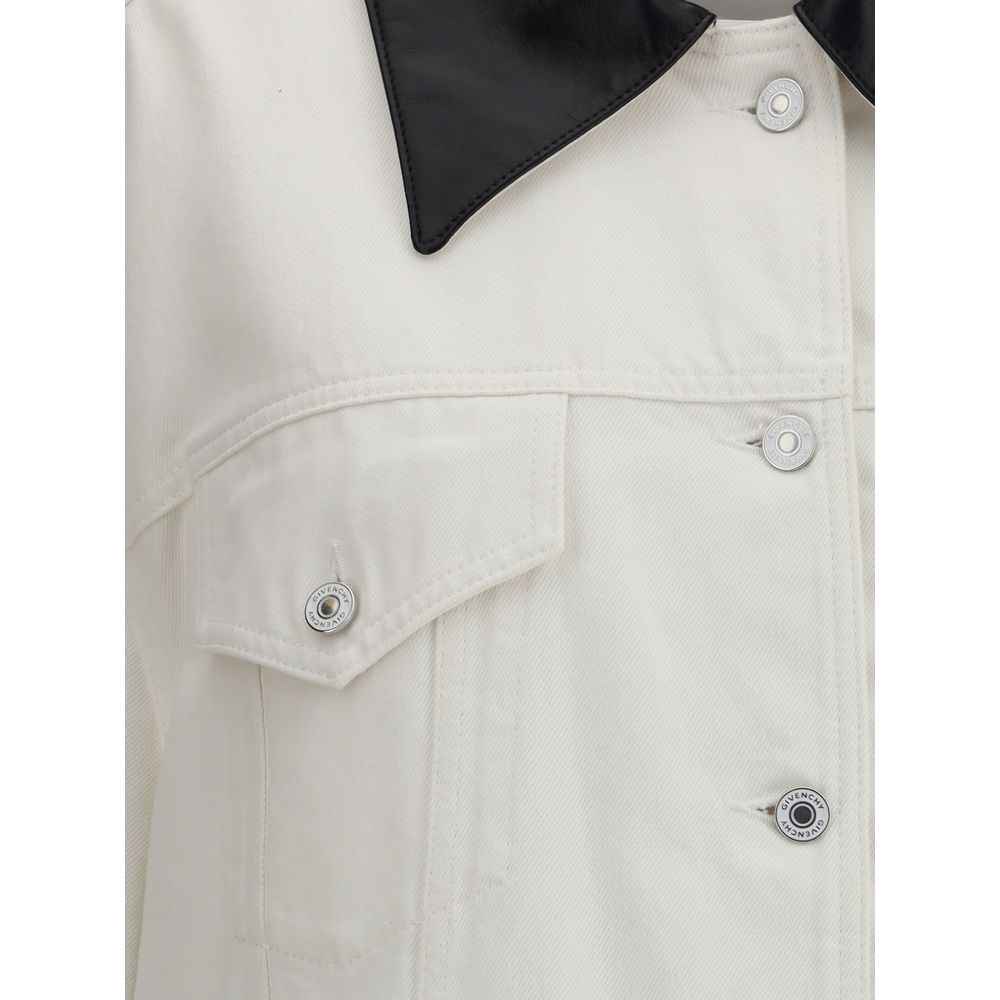 Givenchy White Cotton Denim Jacket with leather collar, chest flap pockets, and engraved buttons. Iconic oversized silhouette, AW25 Season.
