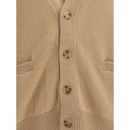 Laneus Beige Merino Wool Cardigan with button closure and ribbed trim detailing, showcasing an elegant and relaxed style.