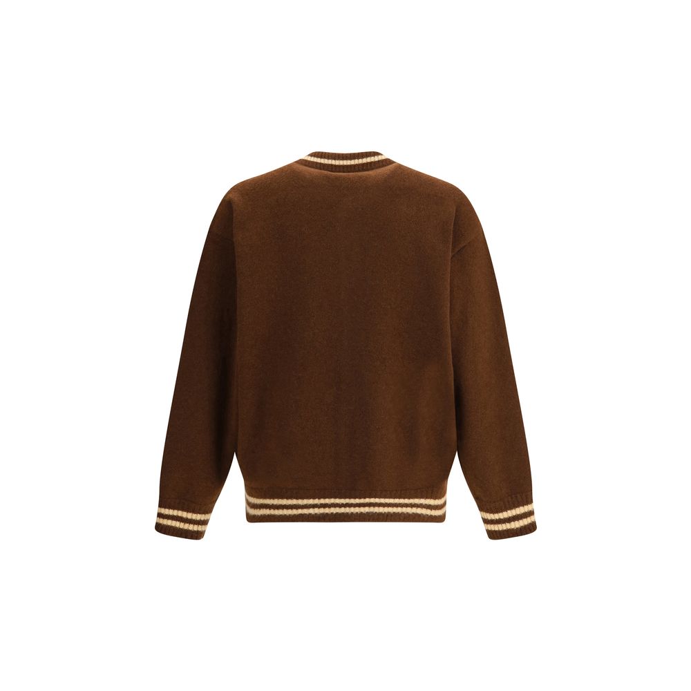Back view of Laneus Brown Cashmere Bomber featuring sports-inspired design with ribbed trims and contrasting bands.