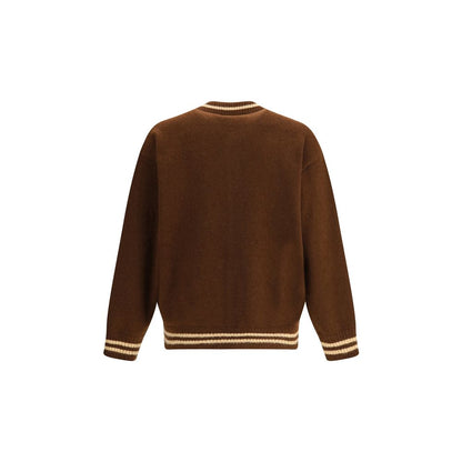 Back view of Laneus Brown Cashmere Bomber featuring sports-inspired design with ribbed trims and contrasting bands.