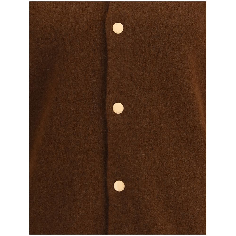 Close-up of Laneus Brown Cashmere Bomber with snap-button closure and wool material.