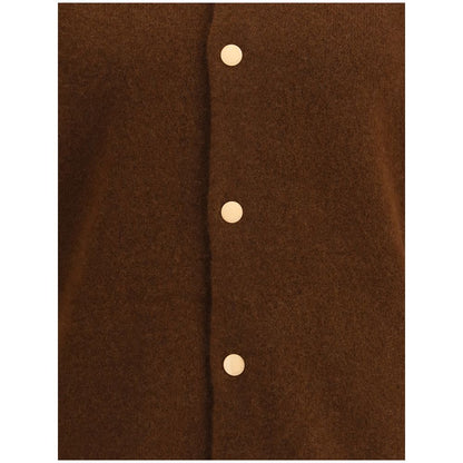 Close-up of Laneus Brown Cashmere Bomber with snap-button closure and wool material.