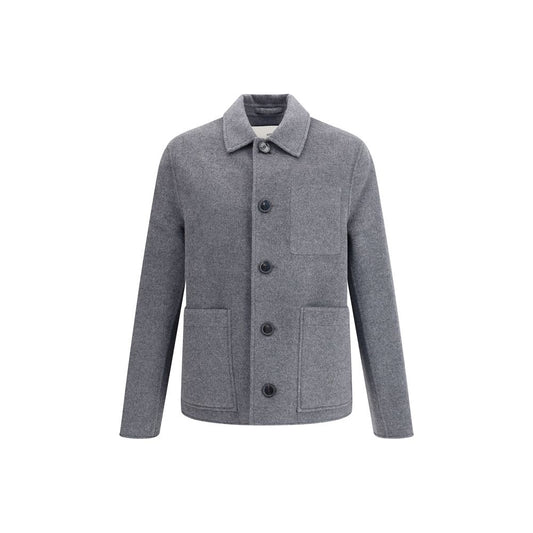 Ami Paris Gray Wool Coat with button closure, classic collar, and front patch pockets, made of 90% wool and 10% Kashmir.