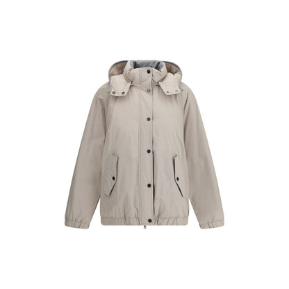 Brunello Cucinelli Gray Polyester Coat with reversible hood, elastic hem and padded design, featuring front zipper and button closure.