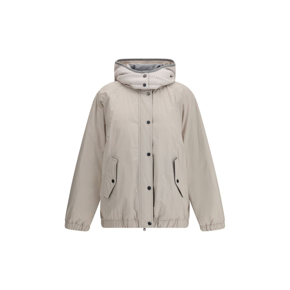 Brunello Cucinelli Gray Polyester Coat with removable hood, front zipper, button closure, and side pockets for stylish versatility.