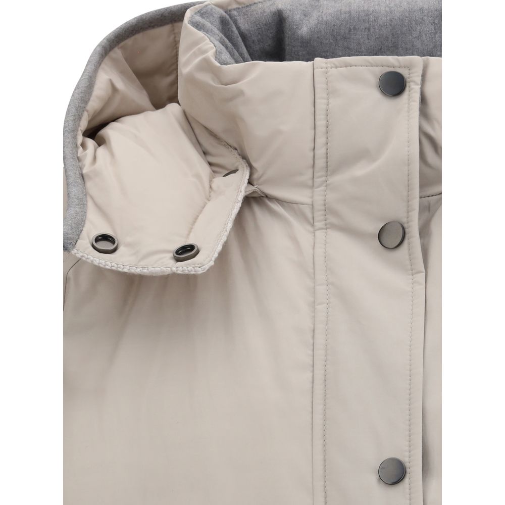 Close-up of Brunello Cucinelli Gray Polyester Coat with button closure and removable hood, highlighting its elegant design and texture.