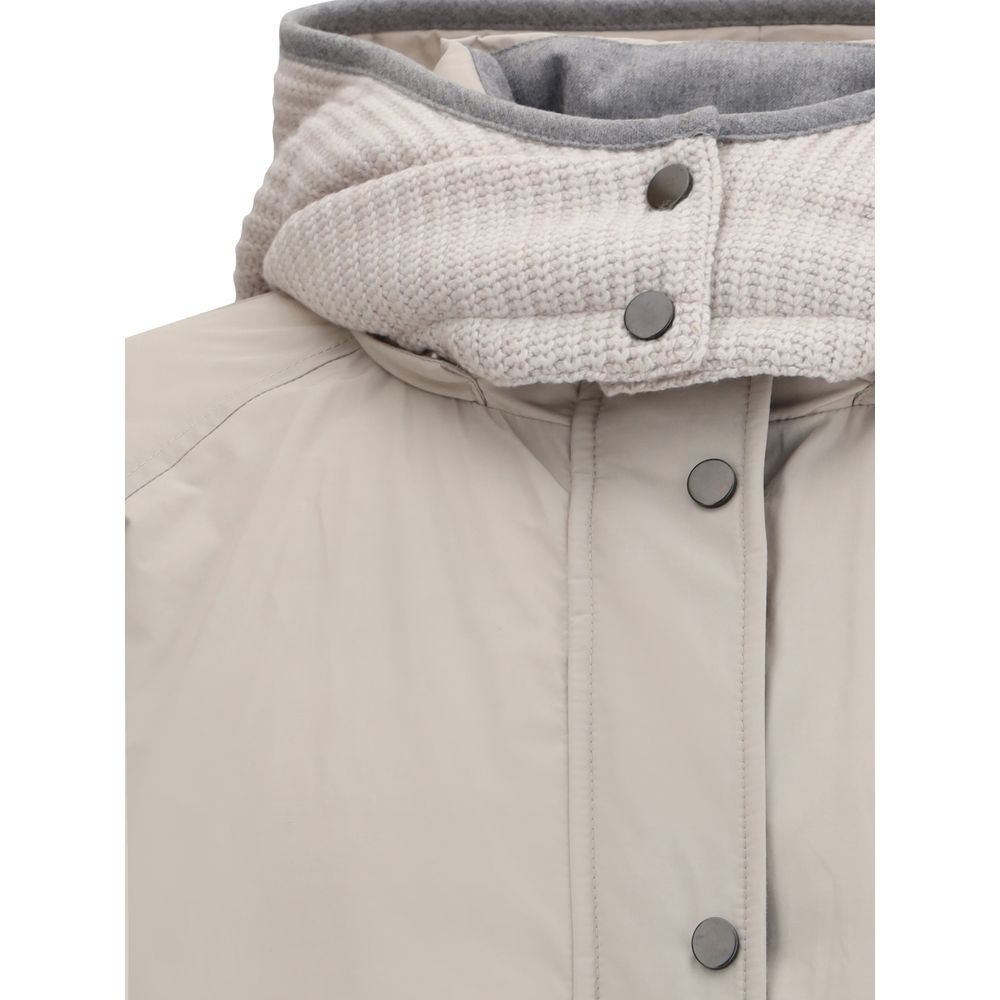 Brunello Cucinelli Gray Polyester Coat with reversible hood detail showing button closure and padded design.