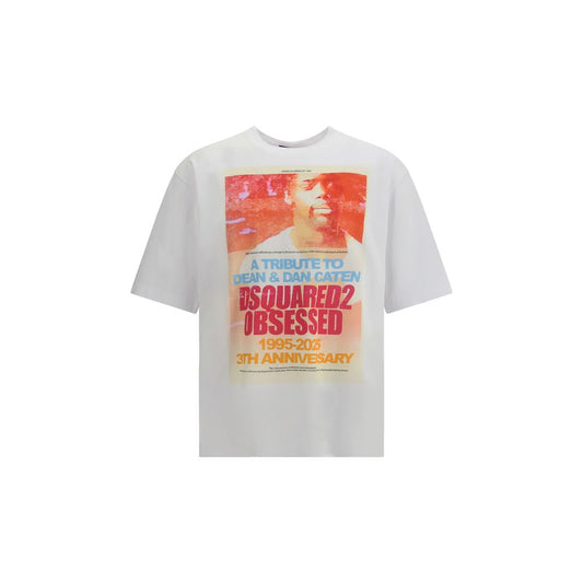 Dsquared² White Cotton T-Shirt with bold print design, classic crew neck, and regular fit, celebrating brand identity and 25th anniversary.