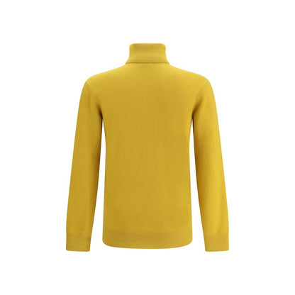 Back view of Saint Laurent Yellow Cashmere Turtleneck showcasing ribbed collar and cuffs for a snug fit.