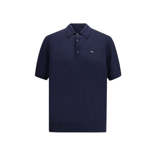 Prada Blue Fleece Wool Polo Shirt with ribbed collar and discreet front logo, showcasing a refined and timeless design.