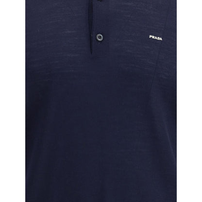 Prada Blue Fleece Wool Polo Shirt with ribbed collar and discreet logo, AW25 collection, regular fit, 100% fleece wool elegance.