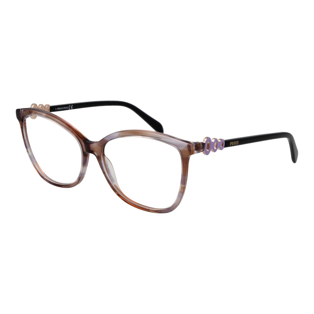 Emilio Pucci Brown Women Glasses Frame in full-rim plastic with butterfly style, demo lenses, and no extra features. Size 56-15-140.