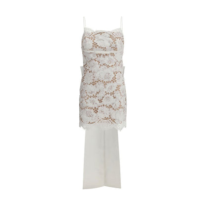 Self-Portrait White Nylon Casual Dress with lace bow, deep U-shaped back neckline, and oversized decorative bow, showcasing modern elegance.