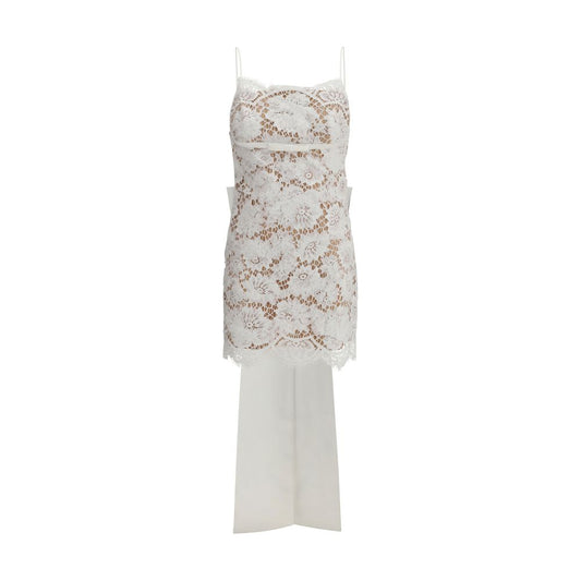 Self-Portrait White Nylon Casual Dress with lace bow and deep U-shaped back neckline, showcasing fitted silhouette and modern elegance.