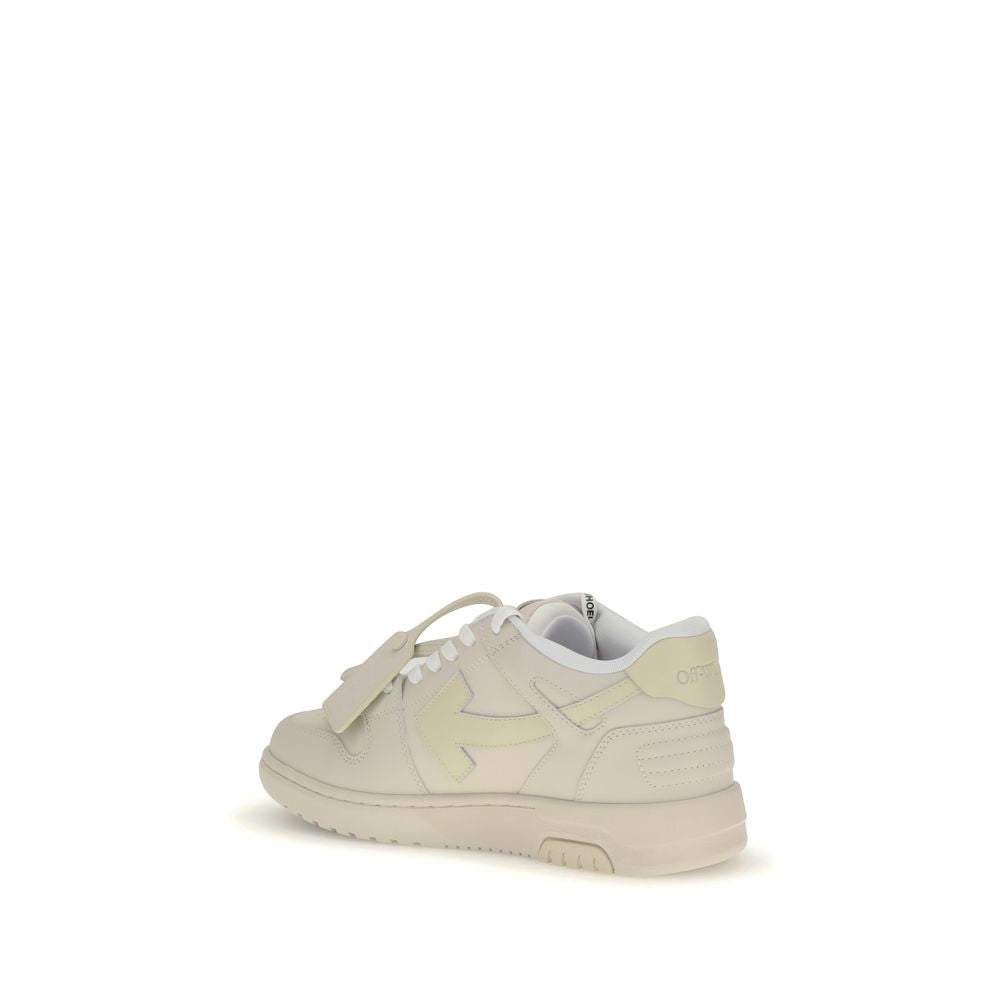 Off-White Cream Rubber Chunky Sneakers with embossed Arrow logo and lace-up closure viewed from the side.