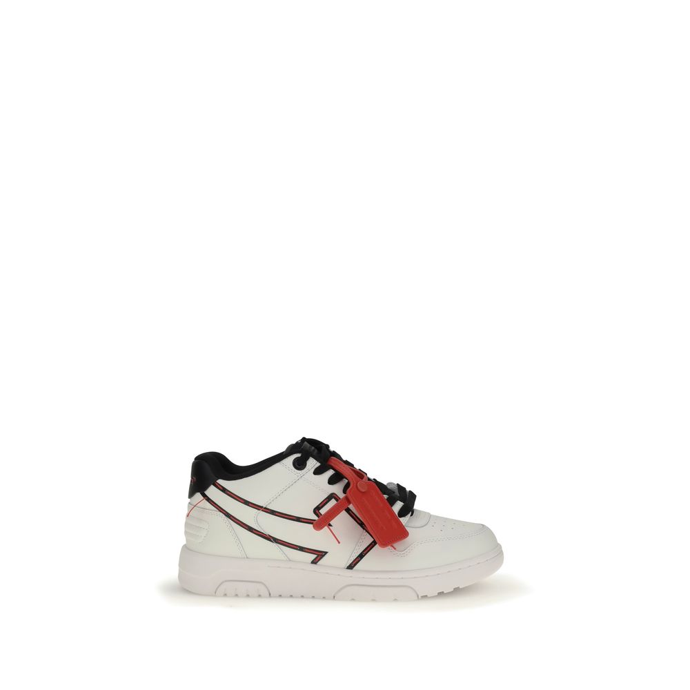 Off-White White Rubber Low Top Sneakers with stitched arrow design and lace-up closure.