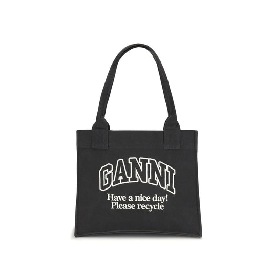 Ganni Black Cotton Shoulder Bag featuring GANNI logo with 'Have a nice day! Please recycle' message, roomy and sustainable tote design.