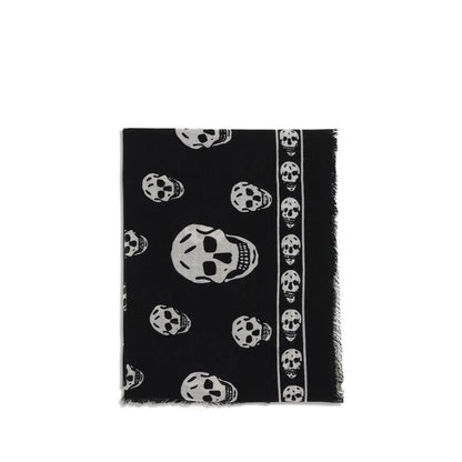 Alexander McQueen Black Modal Scarf with skull motif and fringed edges, crafted from silk and modal blend, showcased flat on white background.