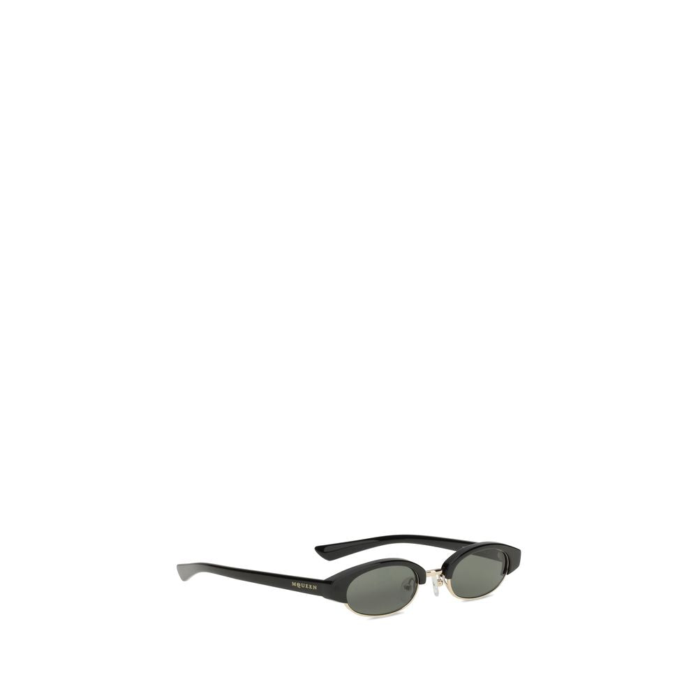 Alexander McQueen Black Acetate Sunglasses with narrow oval silhouette, semi-rimless frame, and laser-engraved logo on temples.