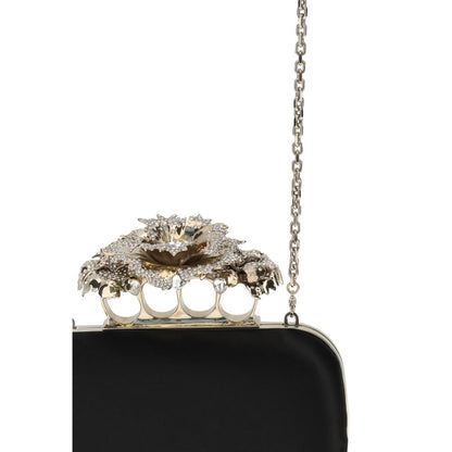 Alexander McQueen Black Silk Clutch Bag with crystal-embellished gold knuckle handle and chain