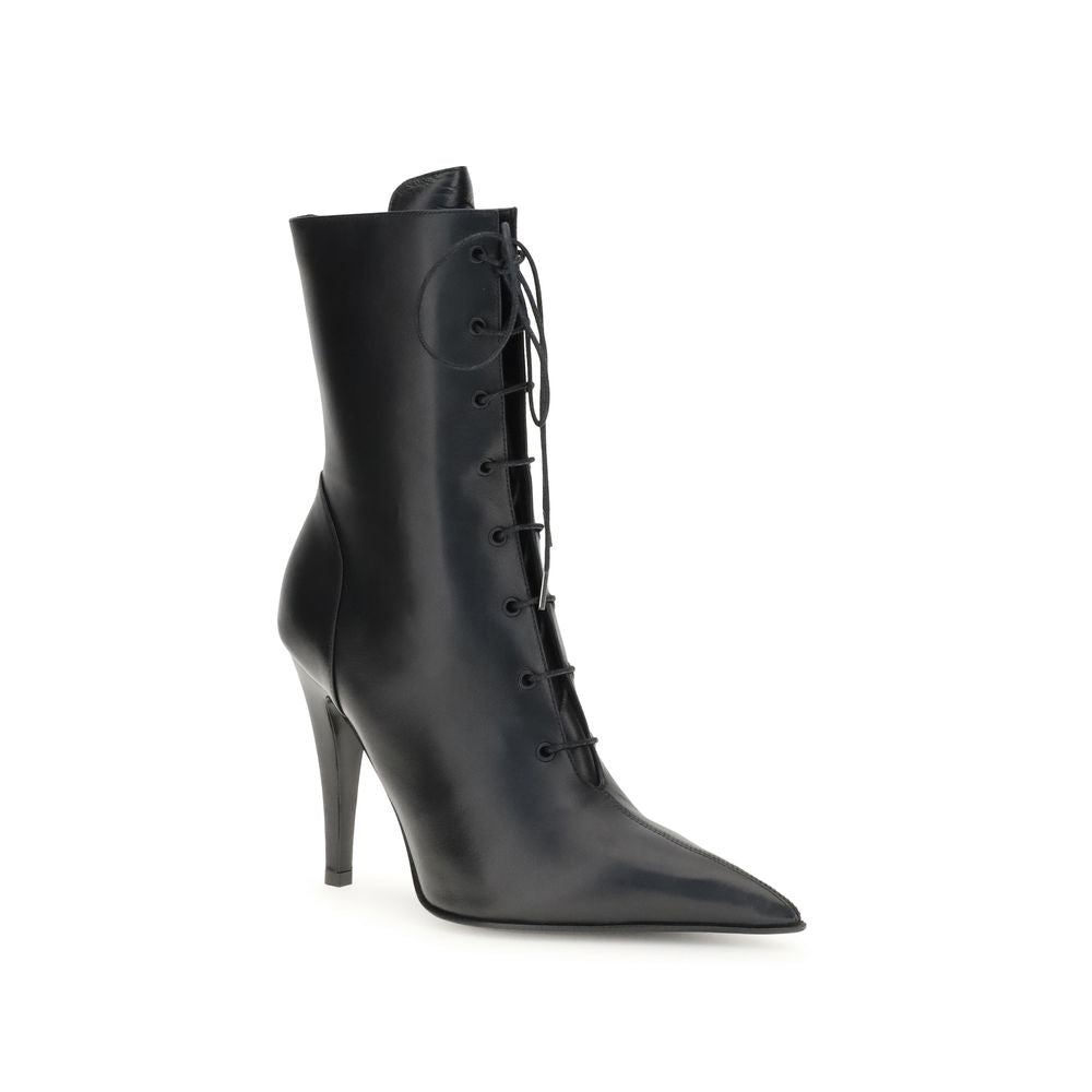 Alexander McQueen Black Calf Leather Bos Taurus Lace-Up Boots with high heel and braided laces, side zip for easy wear.