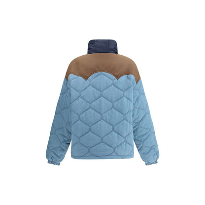 Back view of MARBELL Light Blue Polyamide Coat with contrasting shoulders and quilted design.