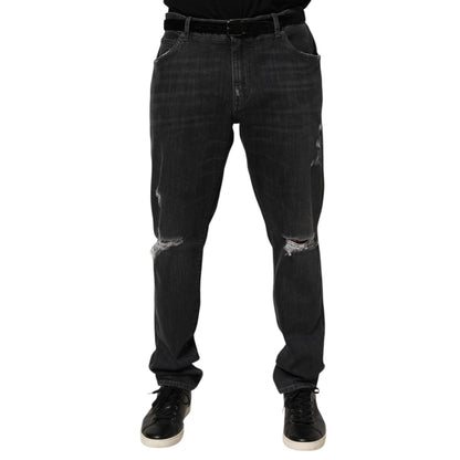 Dolce & Gabbana Black Cotton Slim Fit Distressed Ripped Logo Jeans