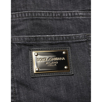 Dolce & Gabbana Black Cotton Slim Fit Distressed Ripped Logo Jeans