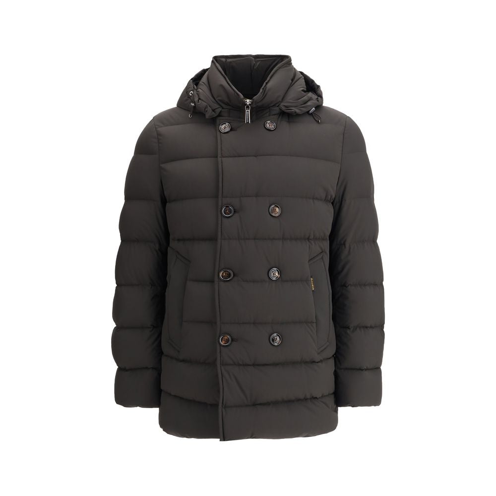 MooRER Black Polyamide Coat - double-breasted, removable hood, goose down filled, AW25 slim fit, durable water-repellent fabric.