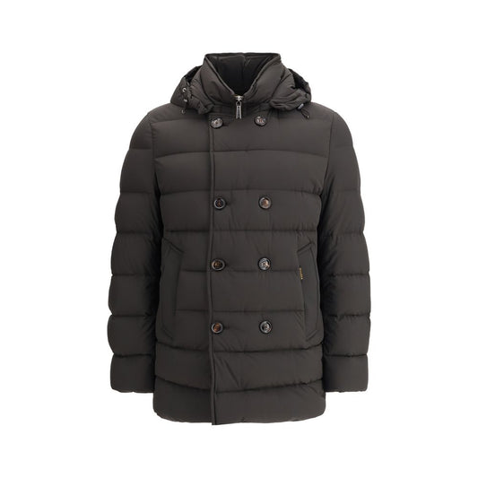 MooRER Black Polyamide Coat - double-breasted, removable hood, goose down filled, AW25 slim fit, durable water-repellent fabric.