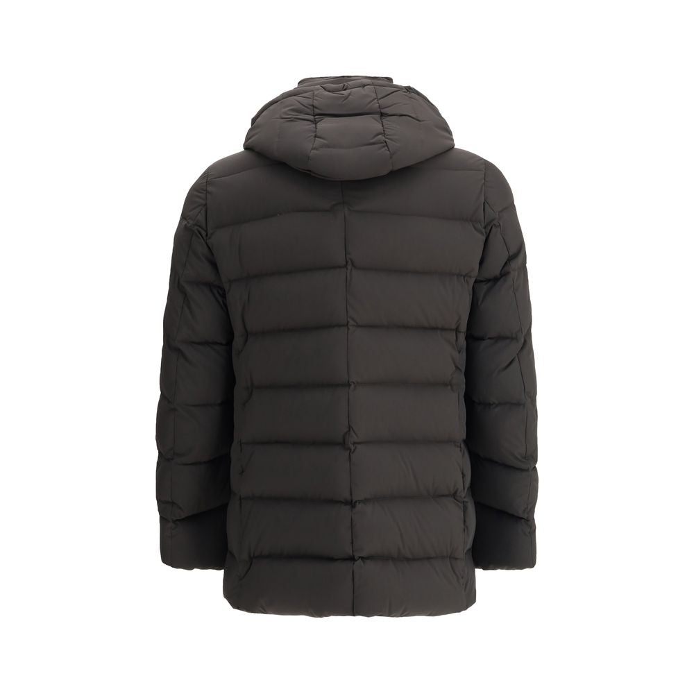 MooRER Black Polyamide Coat - Rear view of double-breasted, quilted hooded down jacket with water-repellent features.