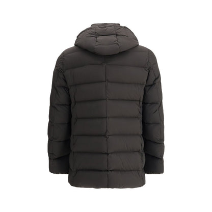 MooRER Black Polyamide Coat - Rear view of double-breasted, quilted hooded down jacket with water-repellent features.