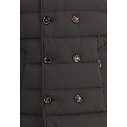 MooRER Black Polyamide Coat with button detail, showing water-repellent, quilted design for winter warmth.