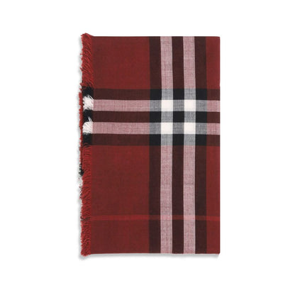 Burberry Red Wool Scarf with Check pattern in Oxblood and Post Red, reversible design with fringed edges, lightweight wool and silk. AW25.