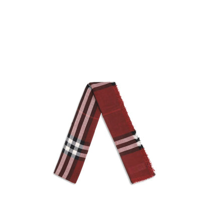 Burberry Red Wool Scarf with reversible check pattern in Oxblood and Post Red, featuring lightweight wool and silk muslin fabric.
