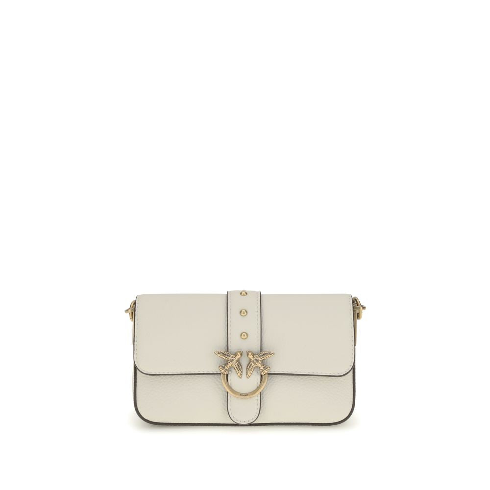 PINKO Love One Bag with Love Birds Diamond Cut buckle and leather-and-chain strap in white calf leather, featuring antique gold-tone hardware.