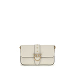 PINKO Love One Bag with Love Birds Diamond Cut buckle and leather-and-chain strap in white calf leather, featuring antique gold-tone hardware.
