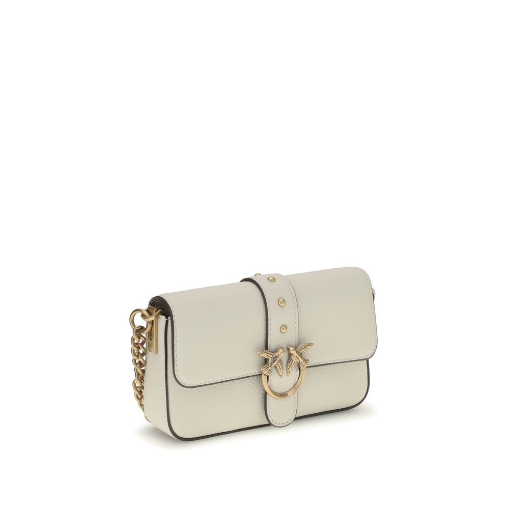 PINKO Love One Bag with flap button closure, Love Birds Diamond Cut buckle, studded details, leather-chain strap, antique gold hardware