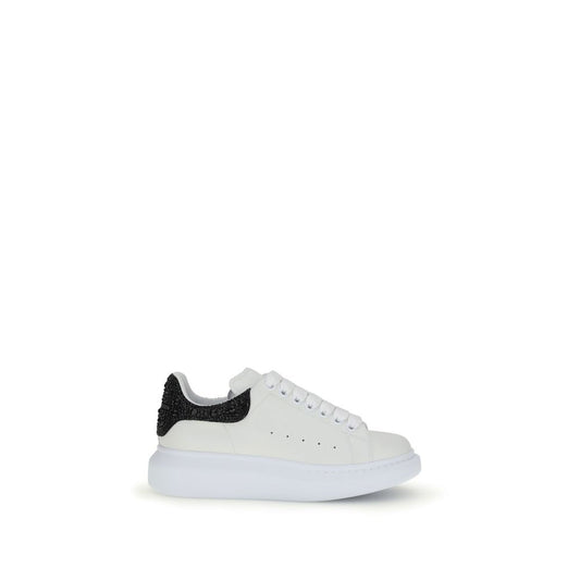 Alexander McQueen White Leather Chunky Sneakers with black crystal heel, oversized silhouette, and bold rubber sole. AW25 collection.