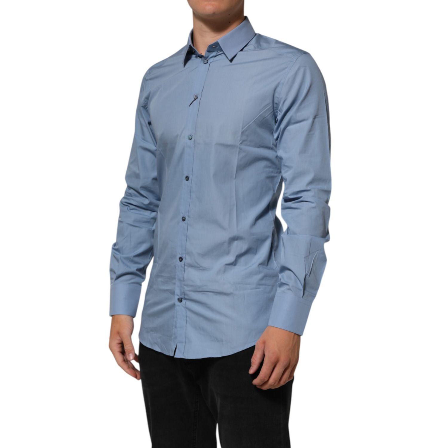 Dolce & Gabbana Blue Cotton Collared GOLD Formal Dress Shirt