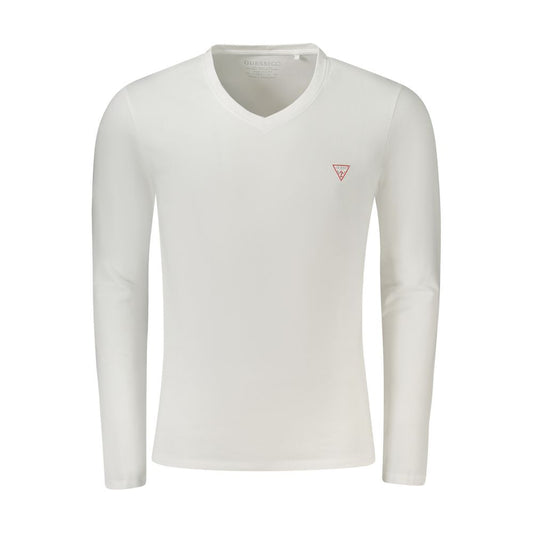 Guess Jeans White Cotton T-Shirt with long sleeves, super slim fit, V-neck, and logo applique made from organic cotton.