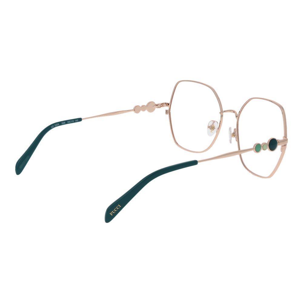 Emilio Pucci Rose Gold Women Glasses Frame, square metal full-rim, features demo lenses, size 55-18-140, with branded case.